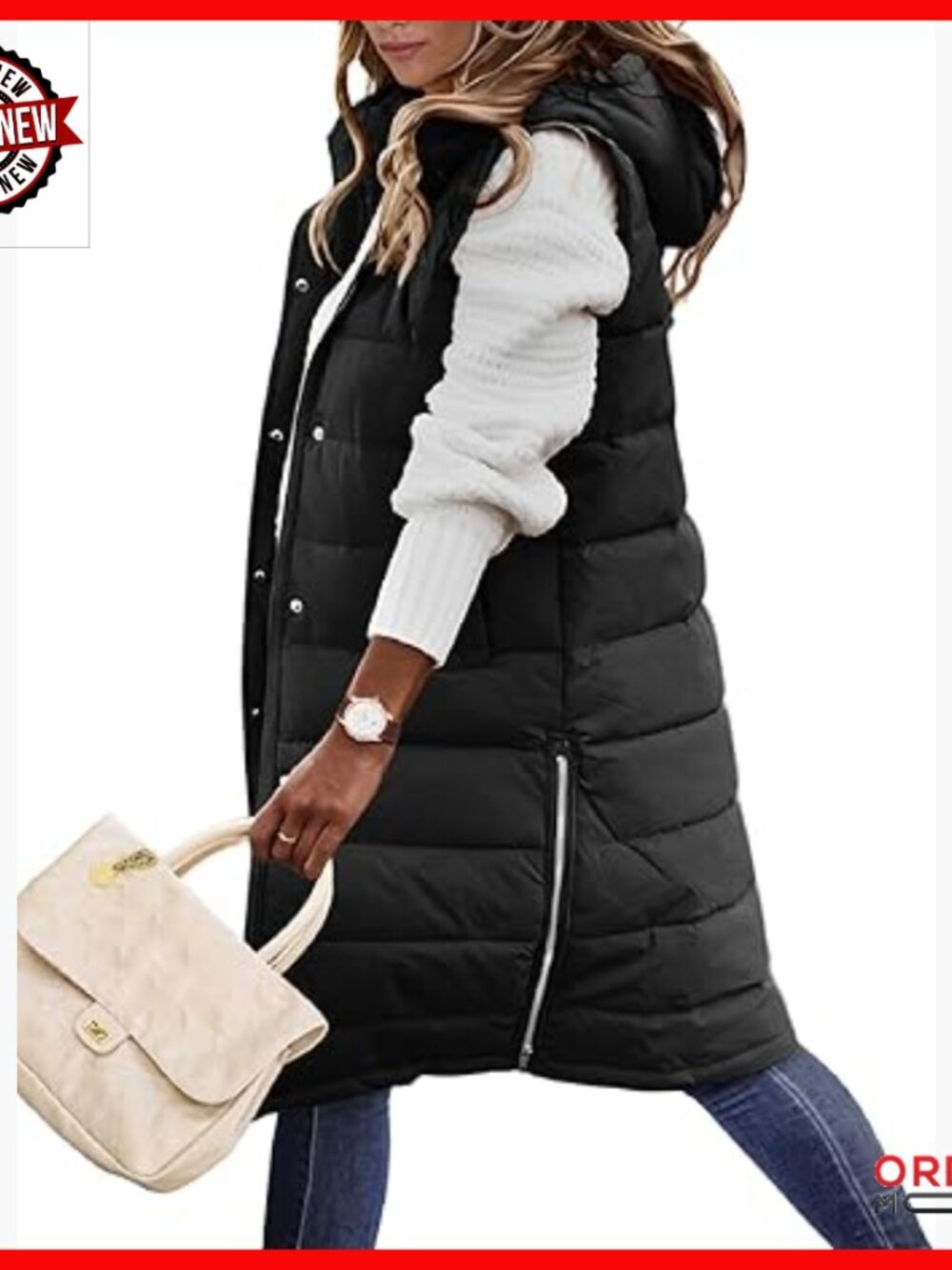 Long Hooded Puffer Vest Sleeveless Zip Up Winter Coat with Pockets